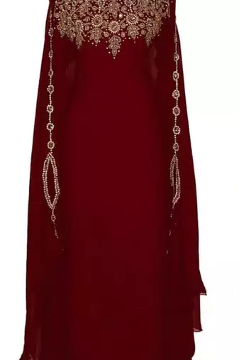 Luxurious Maroon Kaftan Gown with Gold Zari Embroidery | Wedding & Formal Event Wear