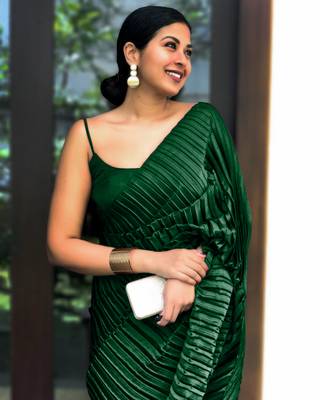 Dark green plain pure satin saree WITH UN-STITCHED BLOUSE 2