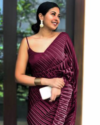Dark wine plain pure satin saree WITH UN-STITCHED BLOUSE 2