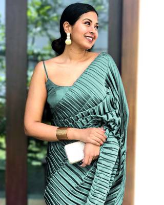 Light teal plain pure satin saree WITH UN-STITCHED BLOUSE 2