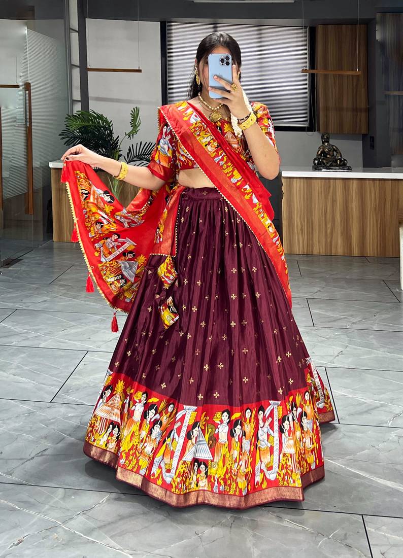 EILARA WOMEN'S BROWN DOLA SILK PRINTED WITH FOIL WORK KATHAK KALAMKARI LEHENGA CHOLI