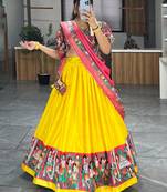 EILARA WOMEN'S YELLOW DOLA SILK PRINTED WITH FOIL WORK KATHAK KALAMKARI LEHENGA CHOLI