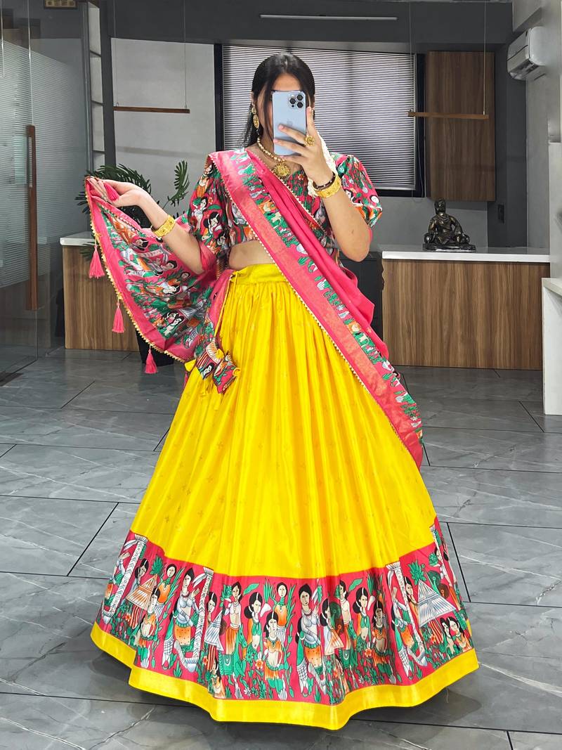 EILARA WOMEN'S YELLOW DOLA SILK PRINTED WITH FOIL WORK KATHAK KALAMKARI LEHENGA CHOLI