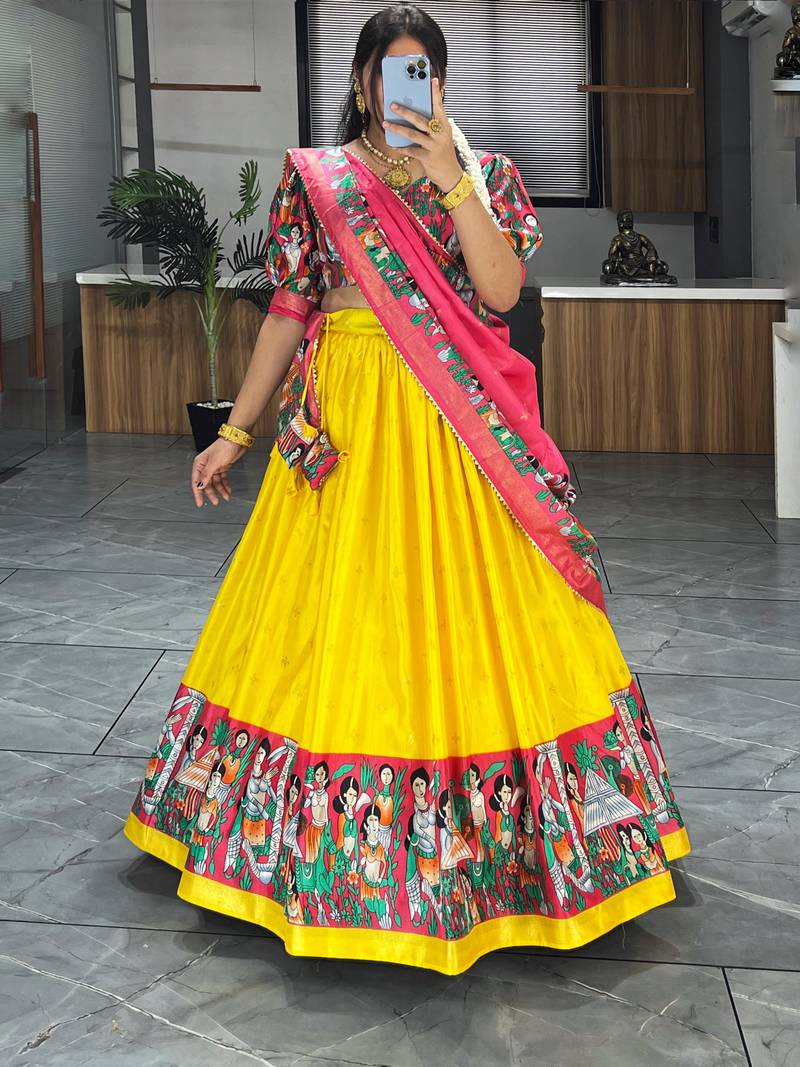 EILARA WOMEN'S YELLOW DOLA SILK PRINTED WITH FOIL WORK KATHAK KALAMKARI LEHENGA CHOLI