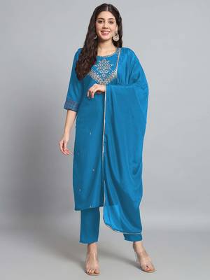 Petrol Embroidered Work Cotton Slub Rayon Fabric Straight Kurta, Pant and Dupatta Set 1