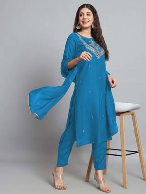 Petrol Embroidered Work Cotton Slub Rayon Fabric Straight Kurta, Pant and Dupatta Set 2