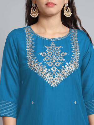 Petrol Embroidered Work Cotton Slub Rayon Fabric Straight Kurta, Pant and Dupatta Set 3