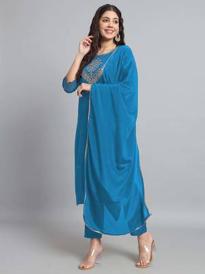 Petrol Embroidered Work Cotton Slub Rayon Fabric Straight Kurta, Pant and Dupatta Set 4