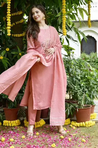 Pink embroidery chanderi kurta set
