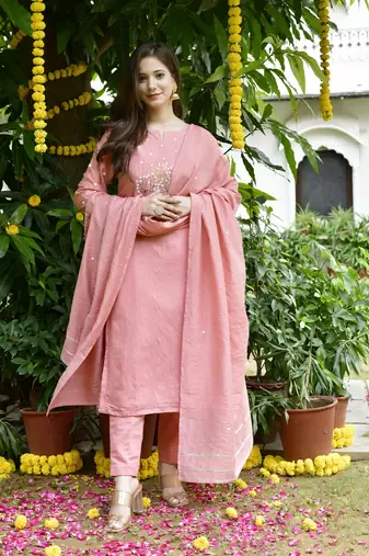 Pink embroidery chanderi kurta set