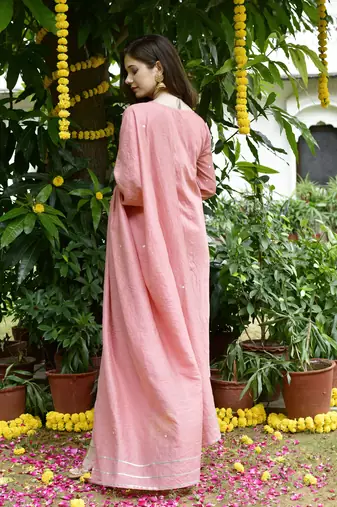 Pink embroidery chanderi kurta set