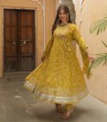 Lemon green bandhej print suit set