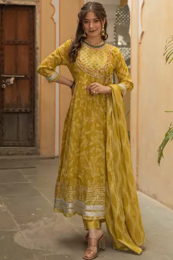 Lemon green bandhej print suit set