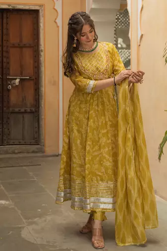 Lemon green bandhej print suit set