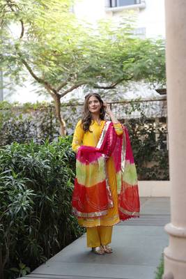 Yellow cotton kurta with pant and mulicolor orgnaza duppata 1