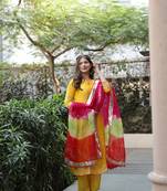 Yellow cotton kurta with pant and mulicolor orgnaza duppata