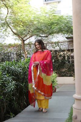Yellow cotton kurta with pant and mulicolor orgnaza duppata 2