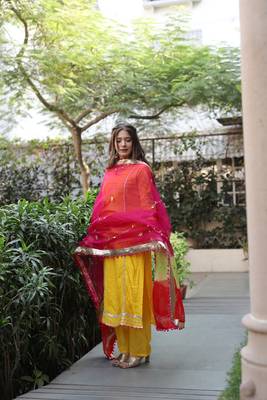 Yellow cotton kurta with pant and mulicolor orgnaza duppata 3