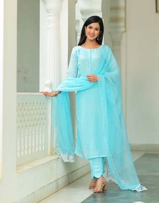 Blue cotton orgnaza duppata 3 piece suit set 1