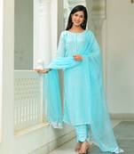 Blue cotton orgnaza duppata 3 piece suit set