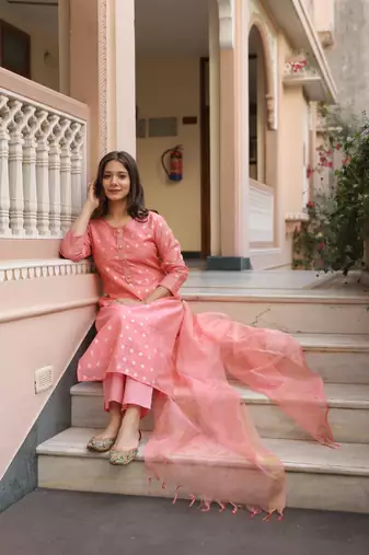 Pink chanderi kurta set with chanderi duppata