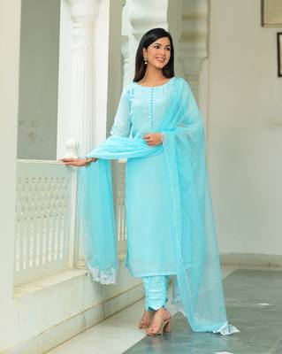 Blue cotton orgnaza duppata 3 piece suit set 2