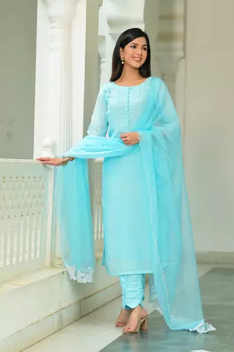 Blue cotton orgnaza duppata 3 piece suit set