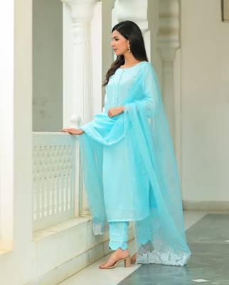 Blue cotton orgnaza duppata 3 piece suit set 3
