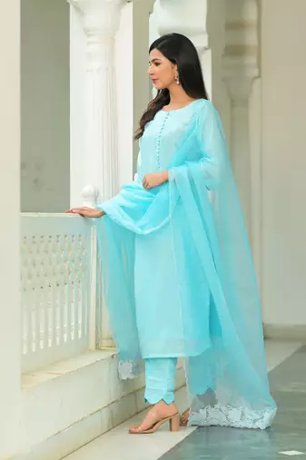 Blue cotton orgnaza duppata 3 piece suit set