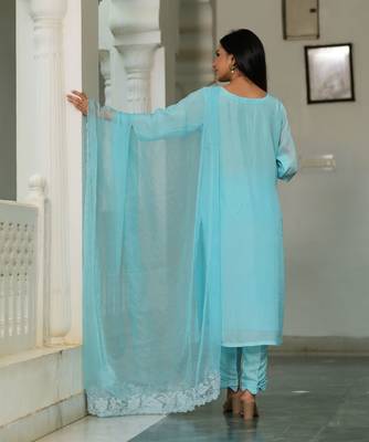 Blue cotton orgnaza duppata 3 piece suit set 5