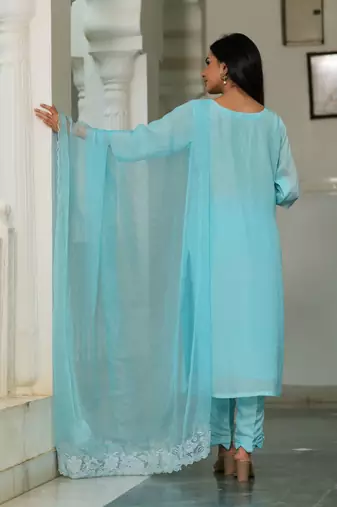 Blue cotton orgnaza duppata 3 piece suit set