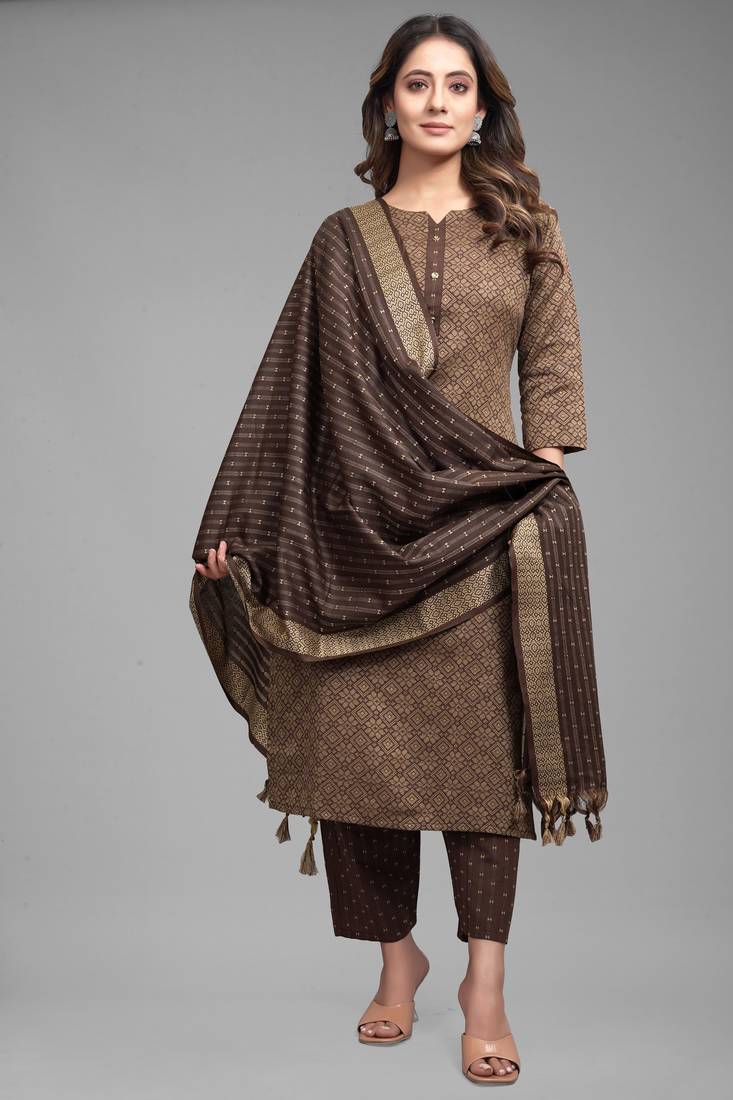 Cayorii Women's Coffee Cotton Blend Kurta with Pant and Dupatta