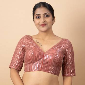 ONION PINK EMBROIDED NET V NECK BLOUSE 1
