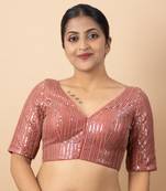 ONION PINK EMBROIDED NET V NECK BLOUSE