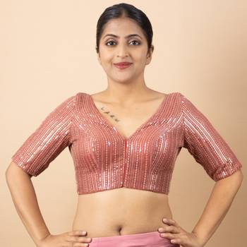 ONION PINK EMBROIDED NET V NECK BLOUSE 4