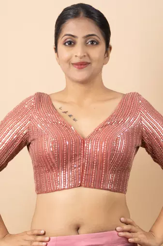 ONION PINK EMBROIDED NET V NECK BLOUSE