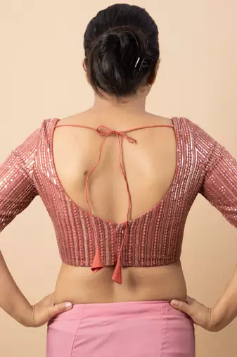 ONION PINK EMBROIDED NET V NECK BLOUSE