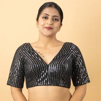 BLACK EMBROIDED NET V NECK BLOUSE 1