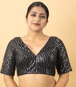 BLACK EMBROIDED NET V NECK BLOUSE