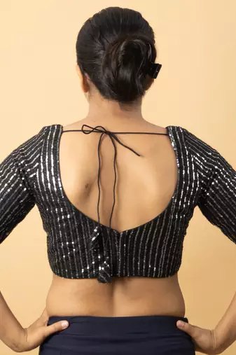 BLACK EMBROIDED NET V NECK BLOUSE