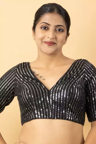 BLACK EMBROIDED NET V NECK BLOUSE