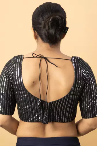 BLACK EMBROIDED NET V NECK BLOUSE