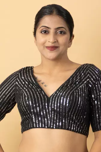 BLACK EMBROIDED NET V NECK BLOUSE