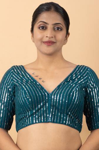 Blue Net V-Neck Embroidered Readymade Blouse