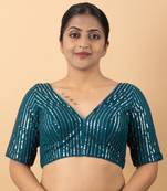 Blue Net V-Neck Embroidered Readymade Blouse