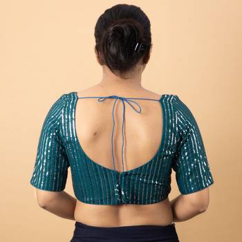 Blue Net V-Neck Embroidered Readymade Blouse 2