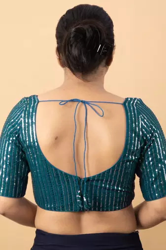 Blue Net V-Neck Embroidered Readymade Blouse