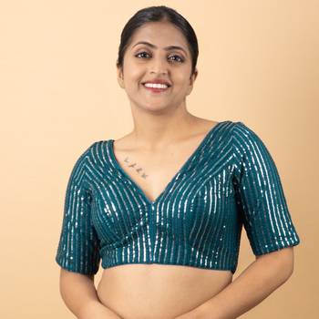Blue Net V-Neck Embroidered Readymade Blouse 3