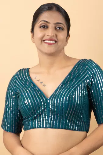 Blue Net V-Neck Embroidered Readymade Blouse