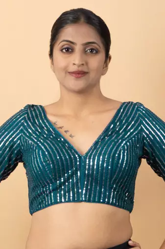 Blue Net V-Neck Embroidered Readymade Blouse